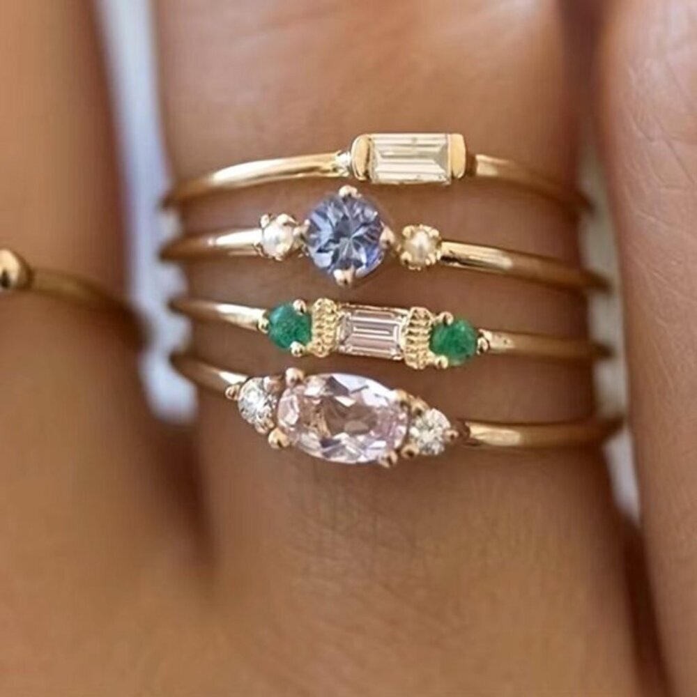 Beautiful Gold Four Piece Multi Stone Ring Set